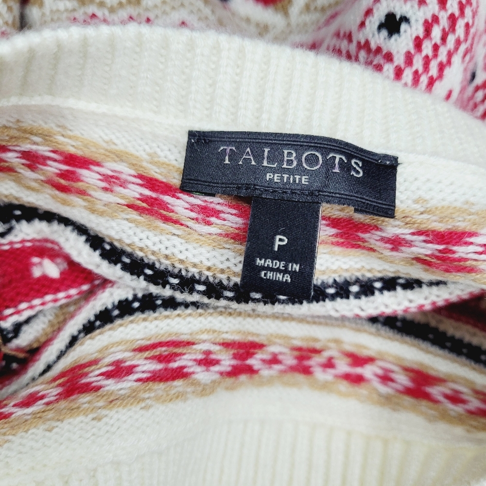 Talbots Diamond Fair Isle Nordic Sweater Fisherman Petite White Ivory Red Khaki - Picture 3 of 7